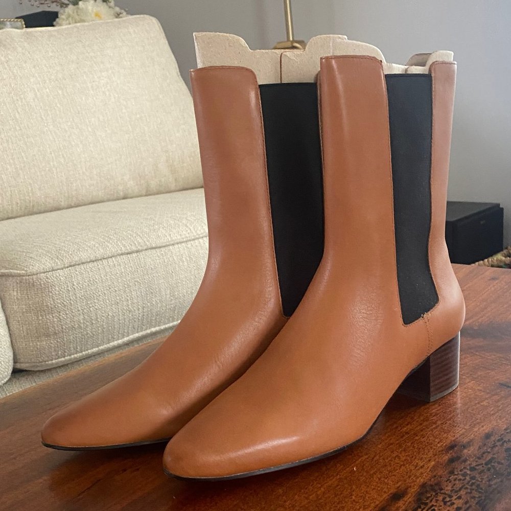 J. Crew Leather High-Shaft Stacked-Heel Boots Rich Caramel Jcrew 10